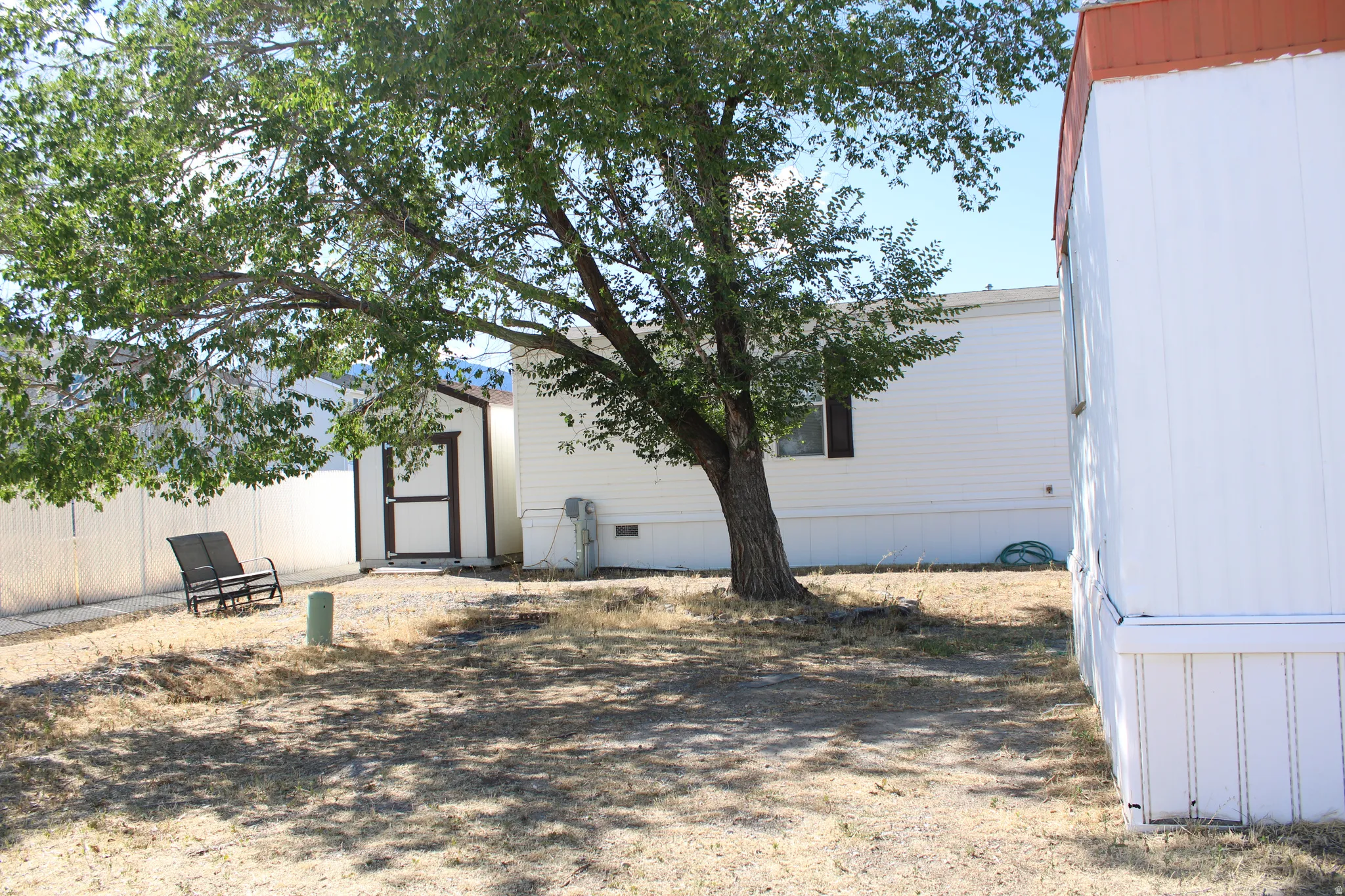 Expansive outdoor space featuring a mature shade tree, gravel path, and a shed with a paneled door