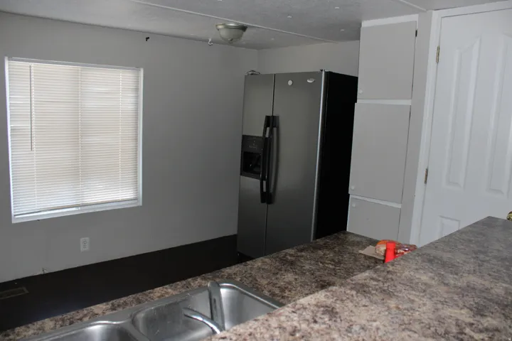 Double basin stainless steel sink with a speckled countertop