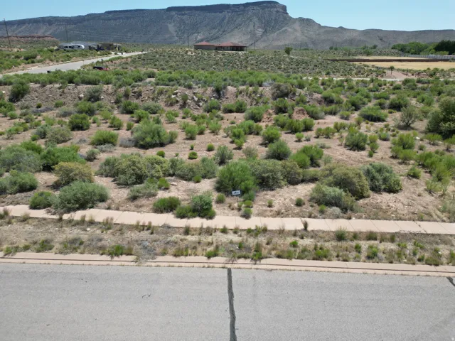 Developed land featuring a paved road, concrete sidewalk, and arid landscaping