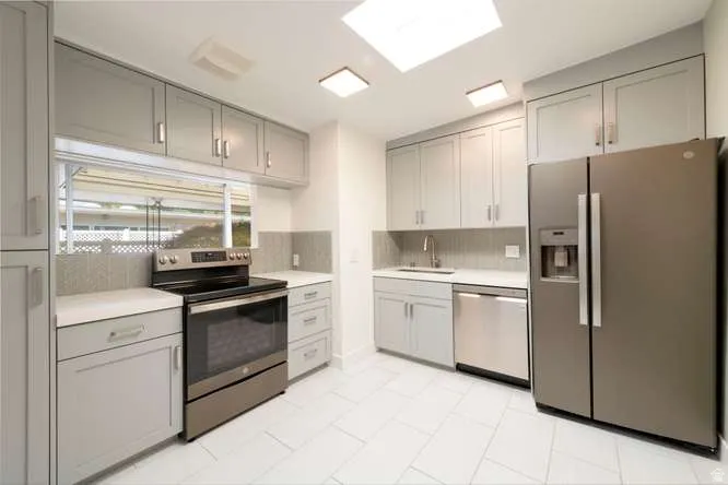 Contemporary kitchen featuring light gray cabinetry, white countertops, stainless steel appliances, and skylights