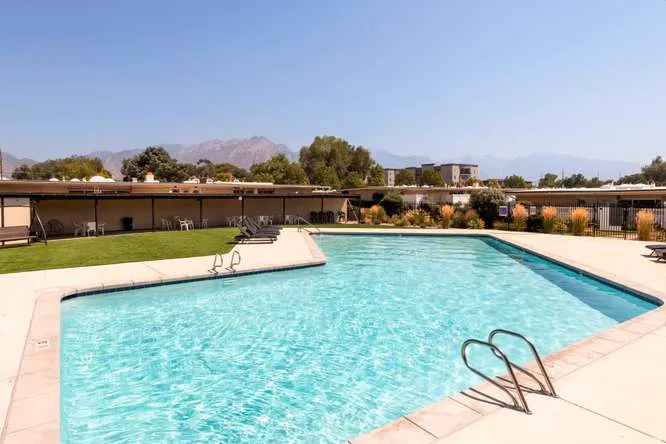 Rectangular swimming pool with clear water, surrounded by a concrete deck and a grassy area