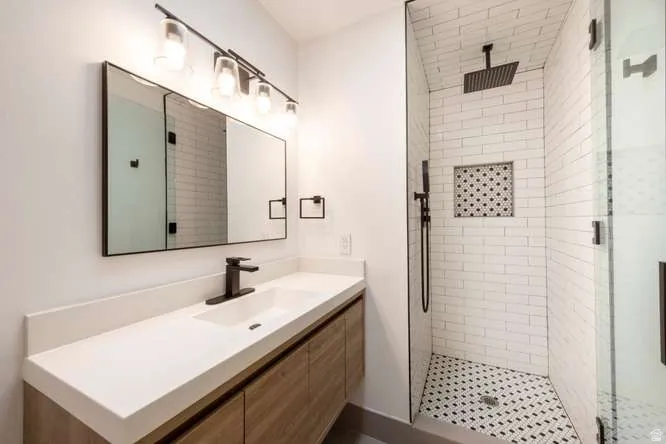 White quartz countertop with an integrated rectangular sink