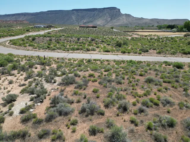 Winding paved road, desert landscaping, and distant mountain range