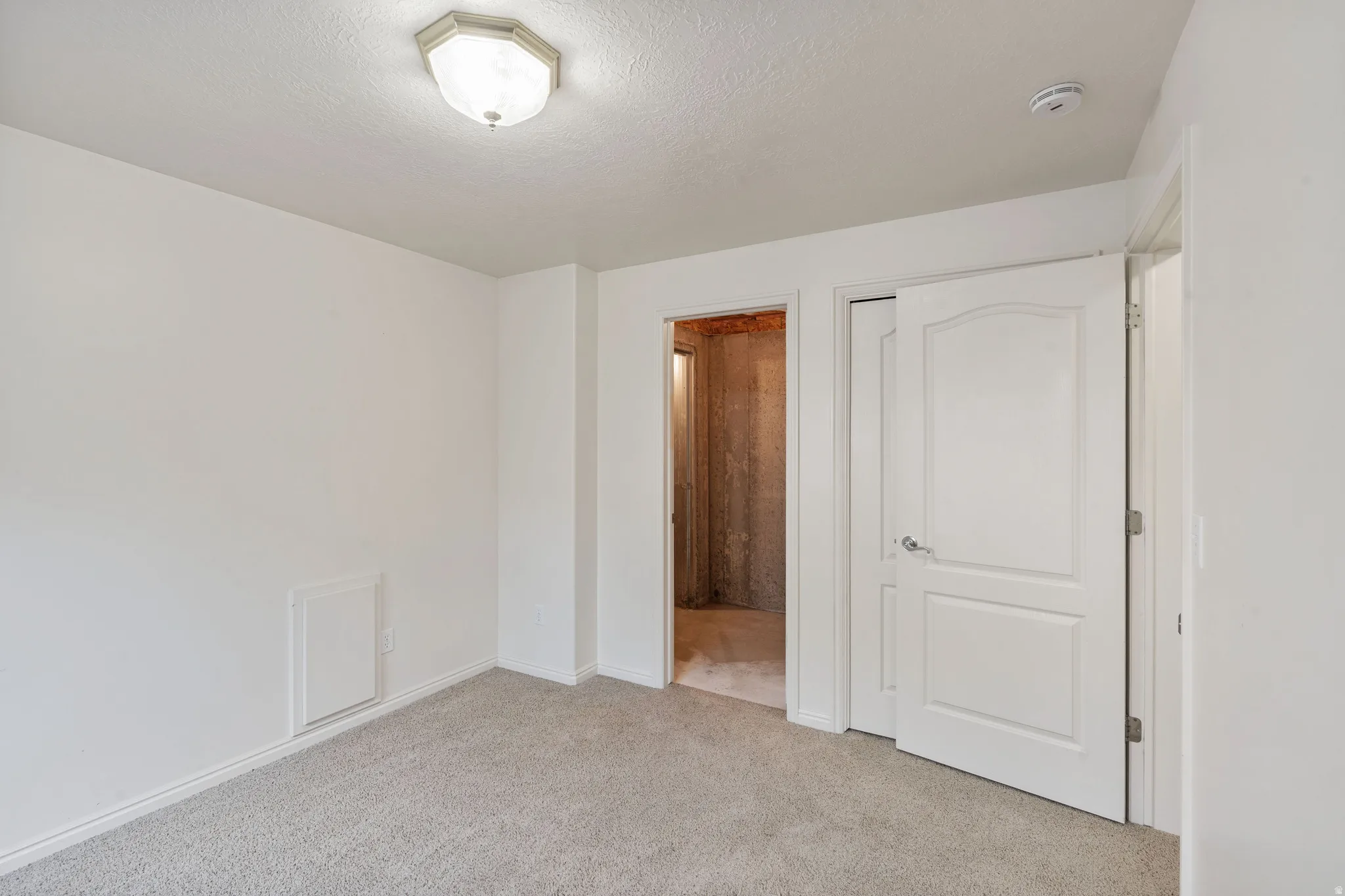 Light gray carpet flooring with white trim, white walls, and a semi-flush ceiling light fixture