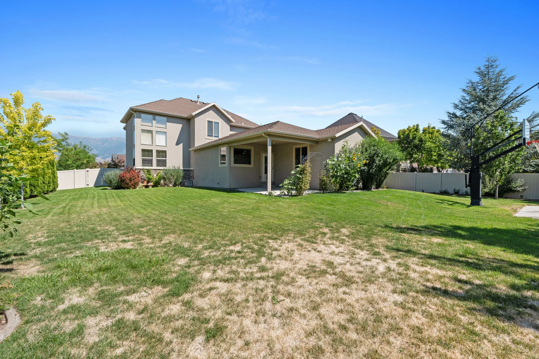 Rear elevation featuring a stucco and stone exterior, multi-pane windows, and a covered patio