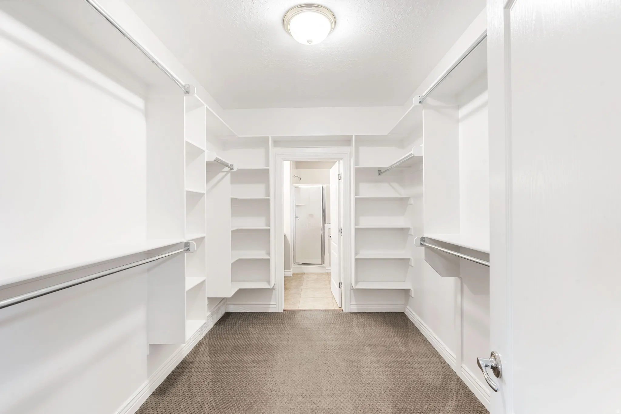 Walk-in closet featuring white built-in shelving, hanging rods, and carpet flooring