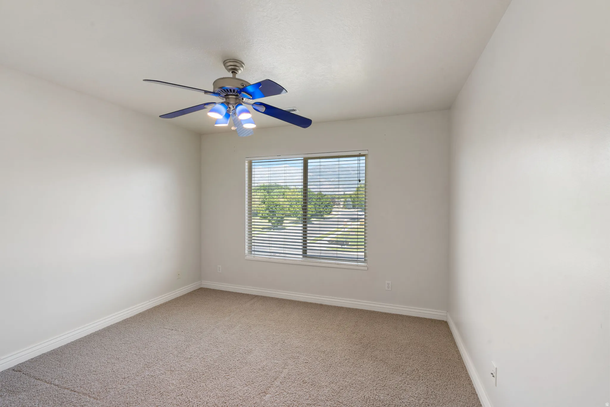 Carpeted flooring with a window featuring horizontal blinds