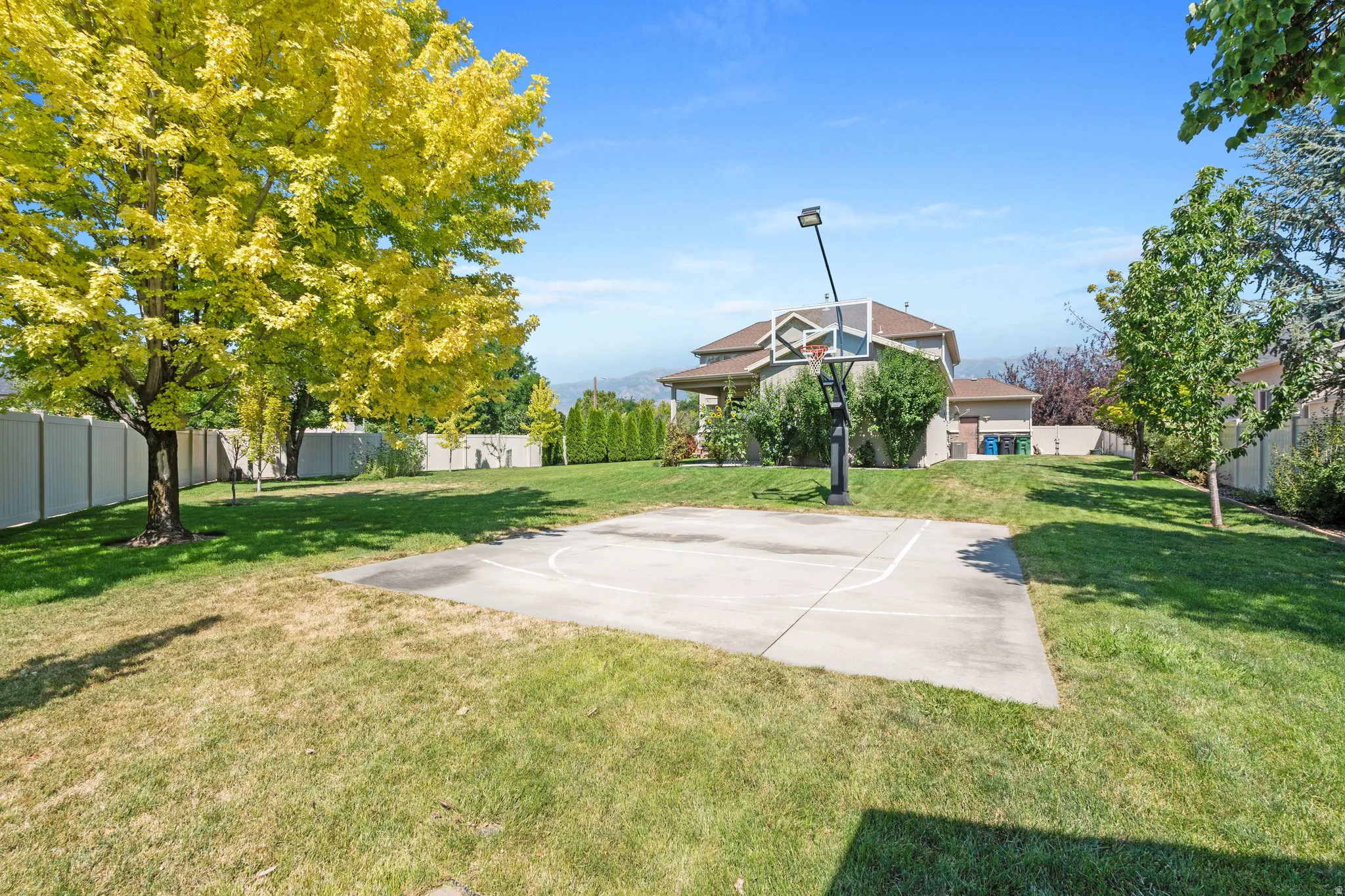 Expansive backyard featuring a concrete sport court, mature trees, and a privacy fence