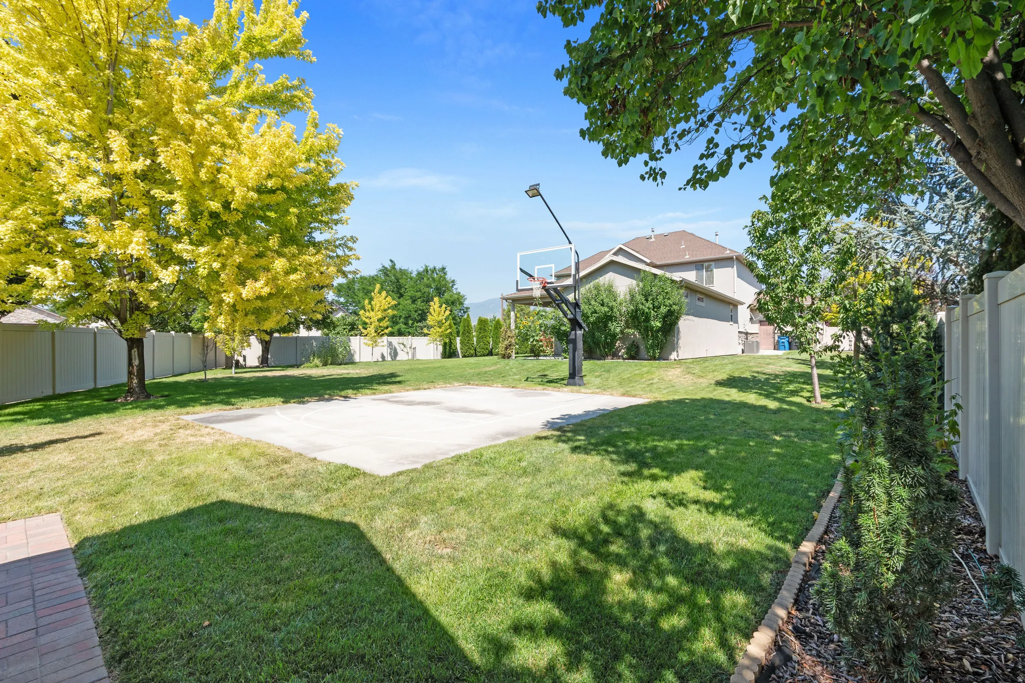 Expansive backyard featuring a concrete sport court, mature trees, and privacy fencing
