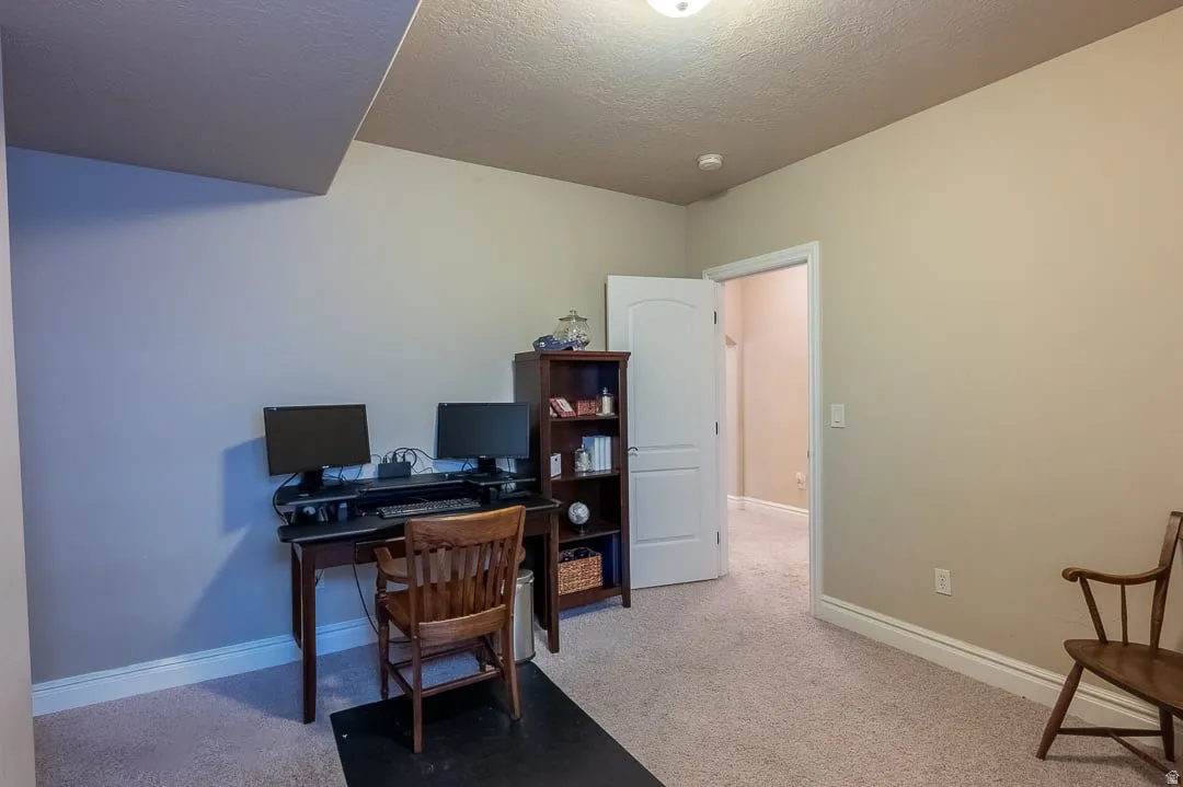 Recessed ceiling lighting, neutral wall finishes, and carpet flooring