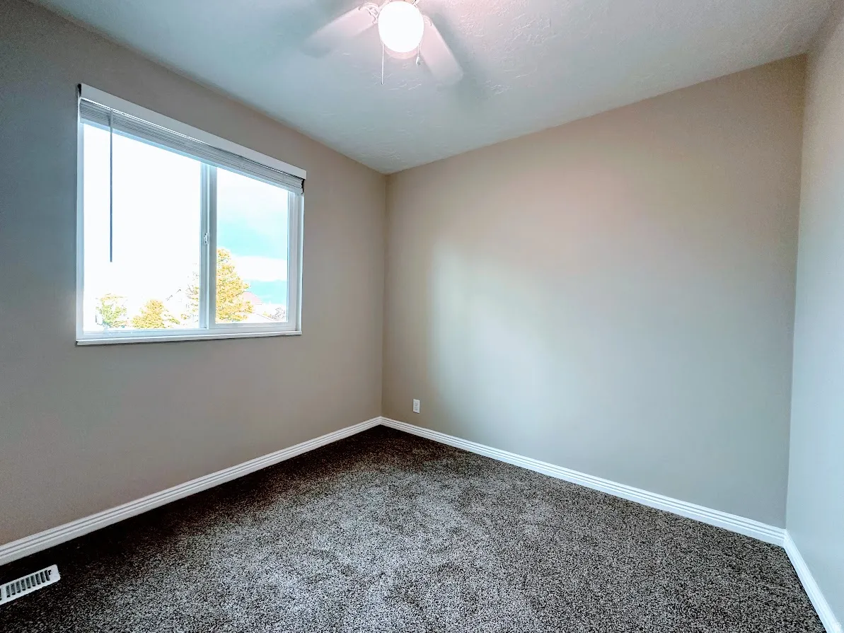 Neutral wall paint, ceiling fan, white window frame, and dark-toned carpeting