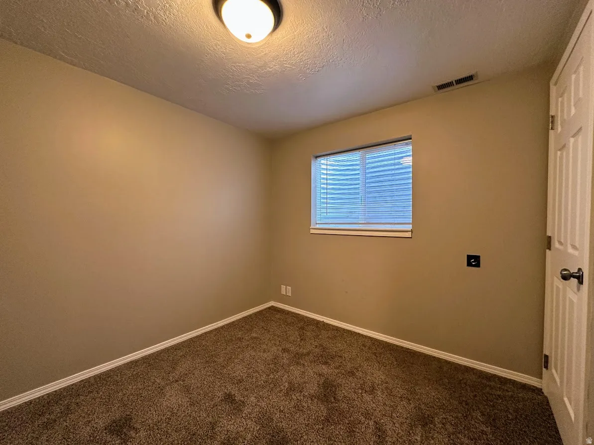 Neutral-toned walls complement the textured brown carpeting