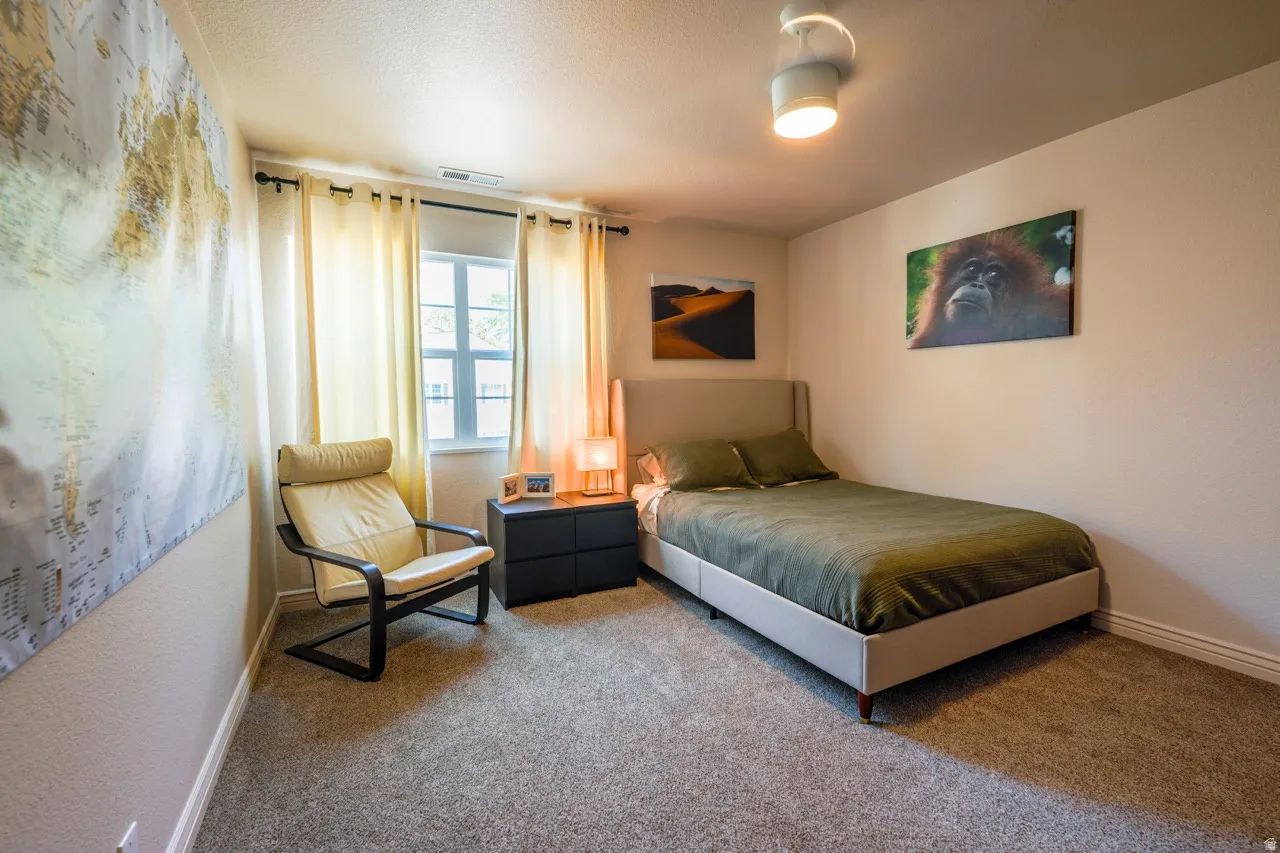 Carpeted room featuring a window with natural light, a ceiling-mounted light fixture, and a neutral wall color