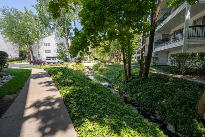 Manicured landscaping with lush ground cover and mature trees