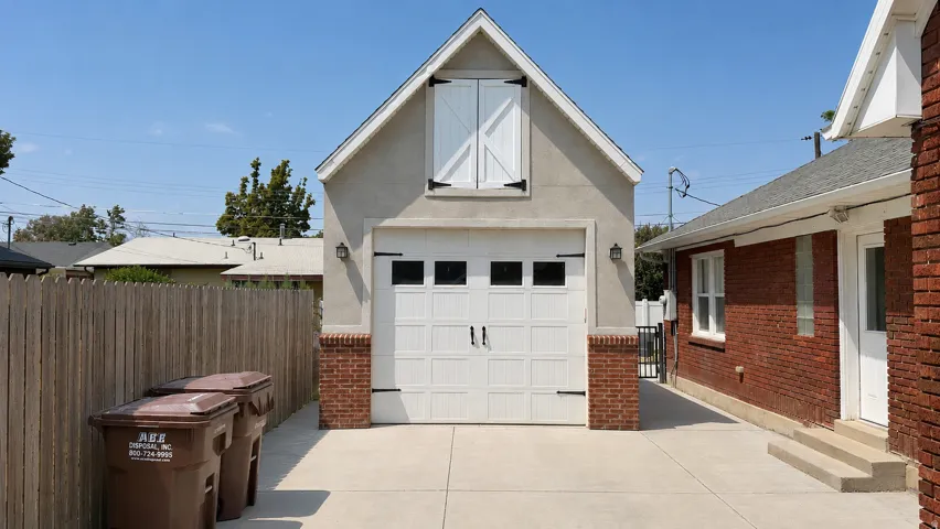 Detached garage structure with a white panel door, brick wainscoting, and decorative barn-style shutters