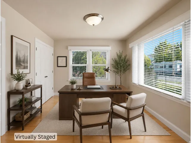 Recessed lighting, wood-finish flooring, multiple windows with blinds, and white trim