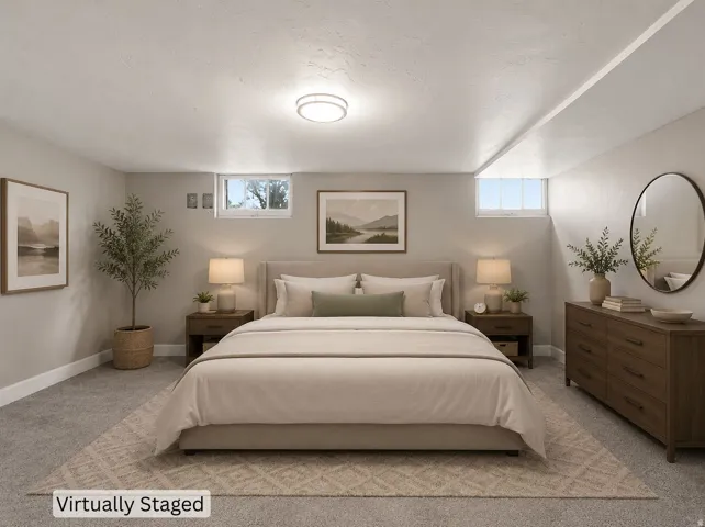 Plush carpeting, recessed window, and flush mount ceiling light fixture