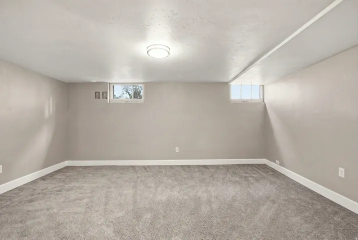 Neutral-toned walls, plush carpet flooring, recessed window, and overhead flush-mount lighting