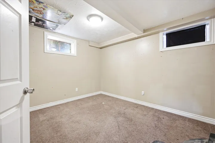 Carpeted room featuring two windows and a flush-mount ceiling light