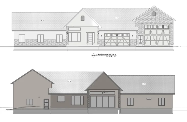Architectural Plans, Elevations. Providing two distinct exterior views of the property