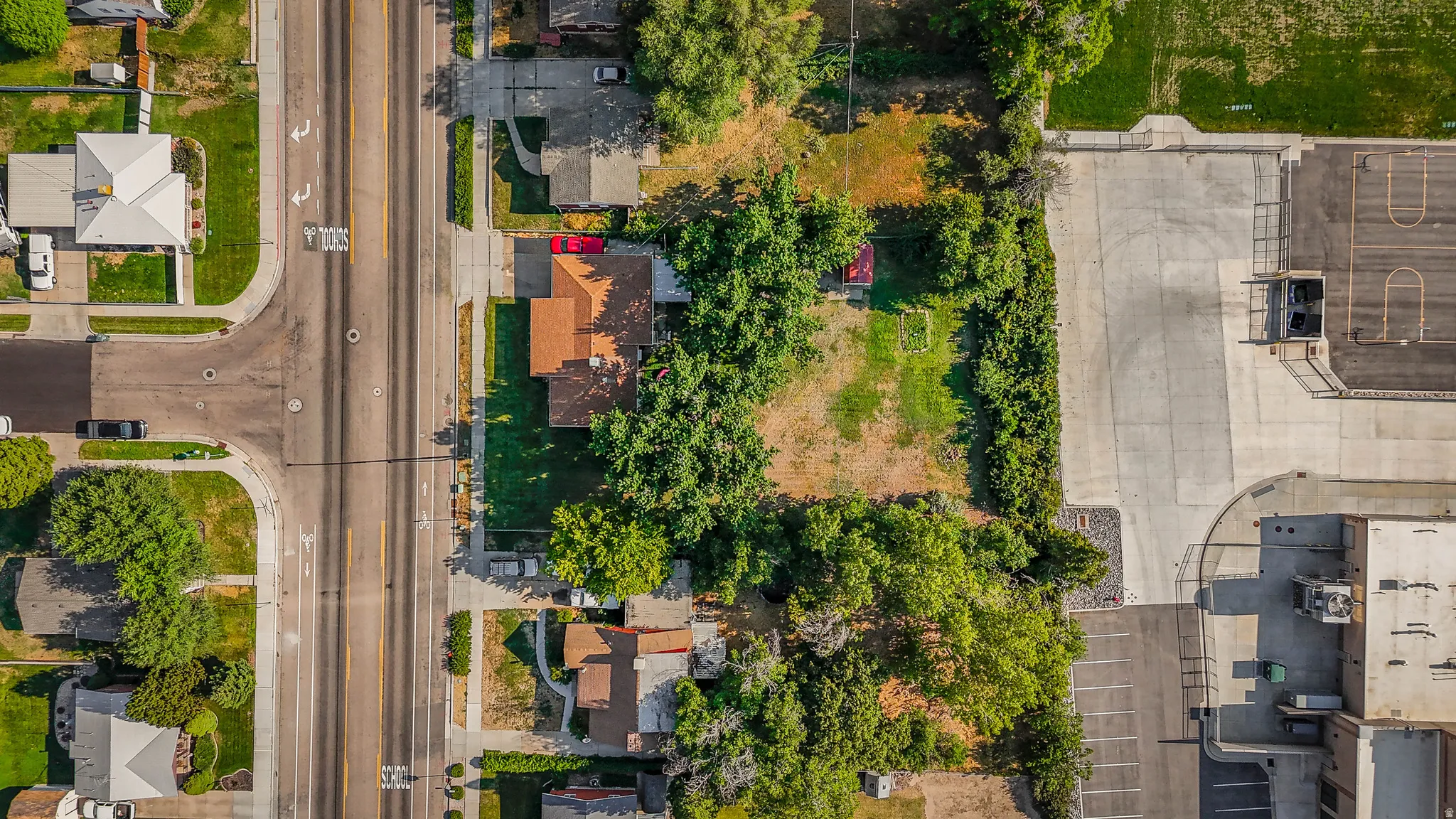 Aerial view showcasing mature landscaping with established trees and lush greenery surrounding the residence