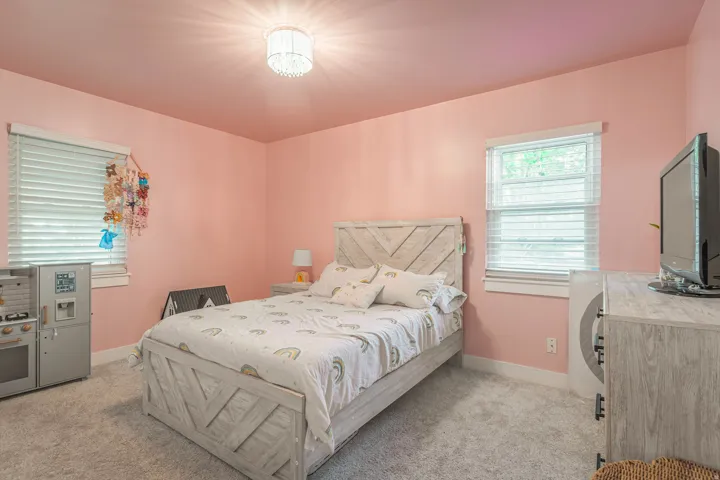 Bedroom featuring soft pink walls, a decorative ceiling light fixture, two windows with white blinds, and gray carpeting