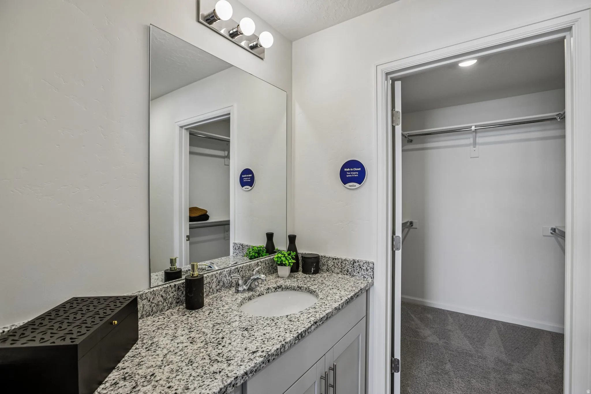 Vanity with a polished chrome light fixture, large wall mirror, and a single basin sink