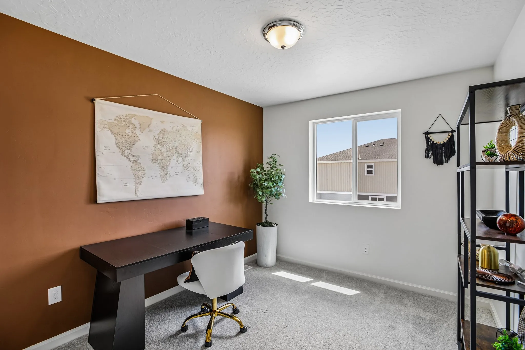 Recessed lighting, large window, and carpeted flooring