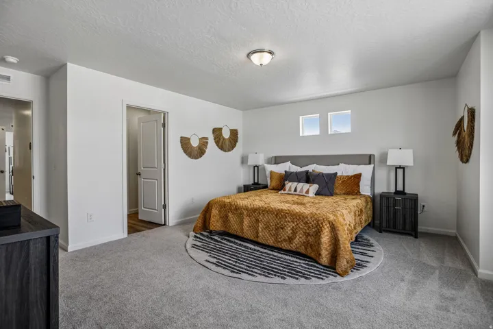 Plush carpet flooring, recessed ceiling lighting, and a neutral color palette