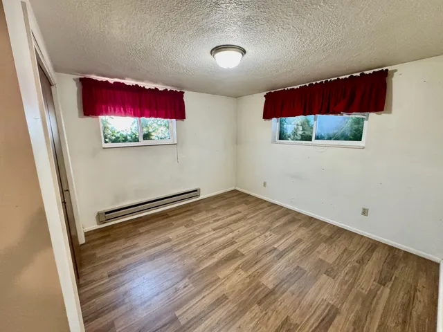 Wood-finish flooring, two windows, and a flush mount ceiling light fixture