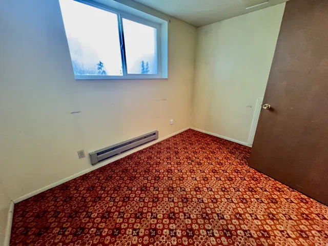 Wall-to-wall patterned carpet flooring, white painted walls, and a white framed window