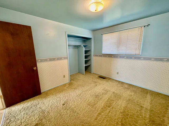 Wall-to-wall carpeting, built-in closet shelving, window with horizontal blinds, and a flush mount ceiling light fixture