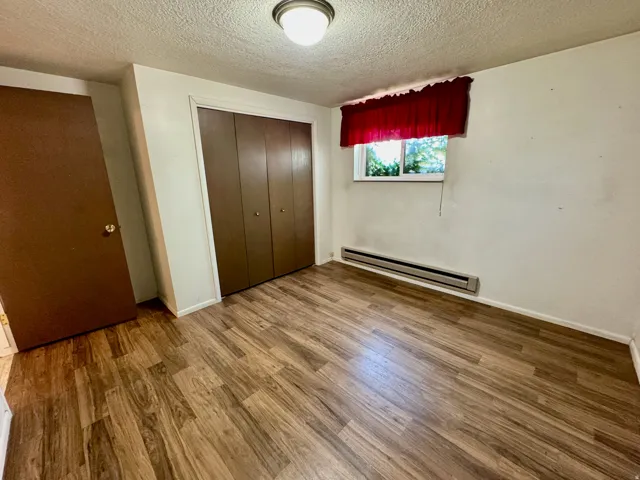 Wood-finish flooring, built-in bi-fold closet, and a single window