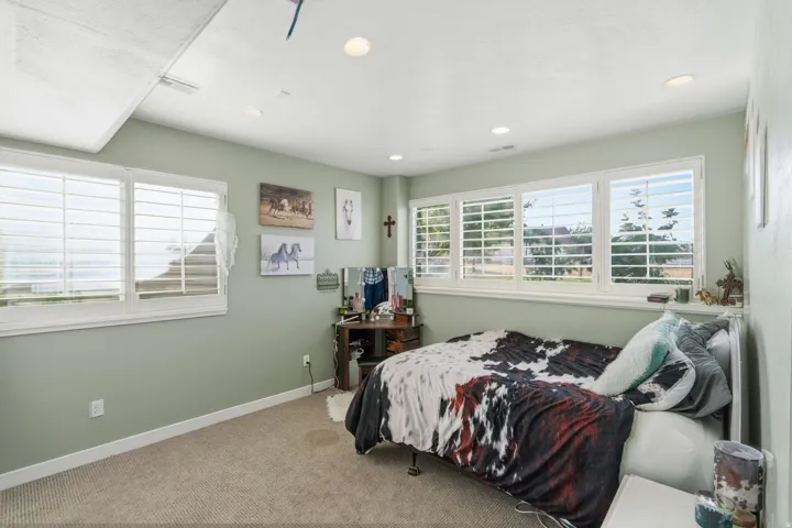 Recessed lighting illuminates the space, featuring multiple windows with louvered shutters and carpeted flooring