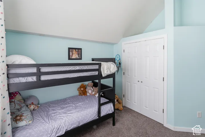 Light blue painted walls, vaulted ceiling, white paneled closet doors, and gray carpet flooring