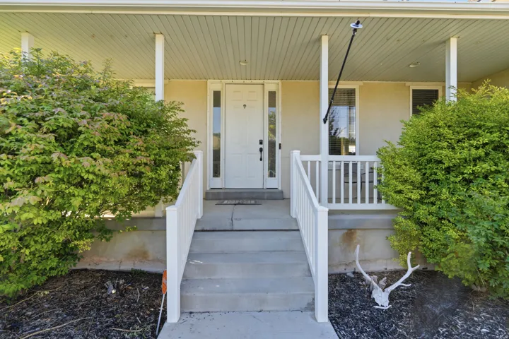 Covered front porch with white railing, concrete steps, and flanking shrubbery