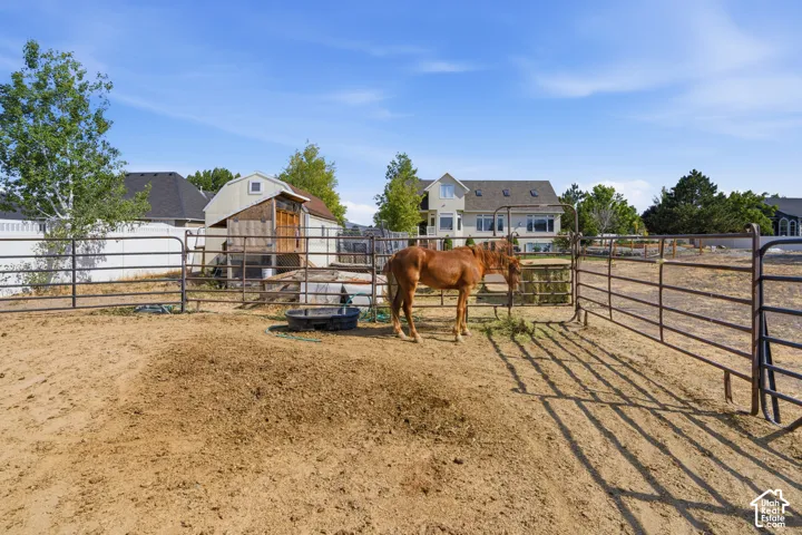 Fenced outdoor area featuring a metal gate, a storage shed, and mature trees