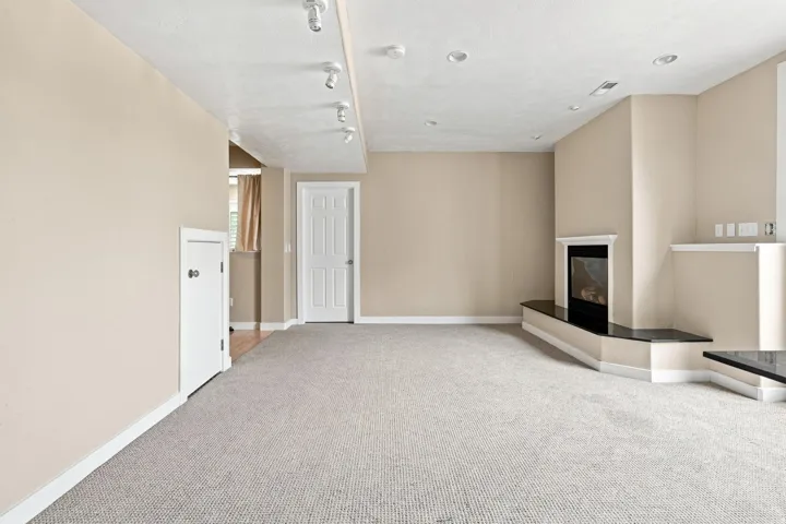 Recessed lighting, track lighting, built-in fireplace, black countertop, and neutral carpeting
