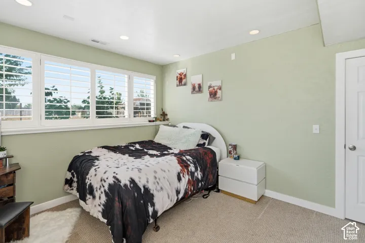Recessed ceiling lighting, carpeted flooring, white trim, and a white paneled door