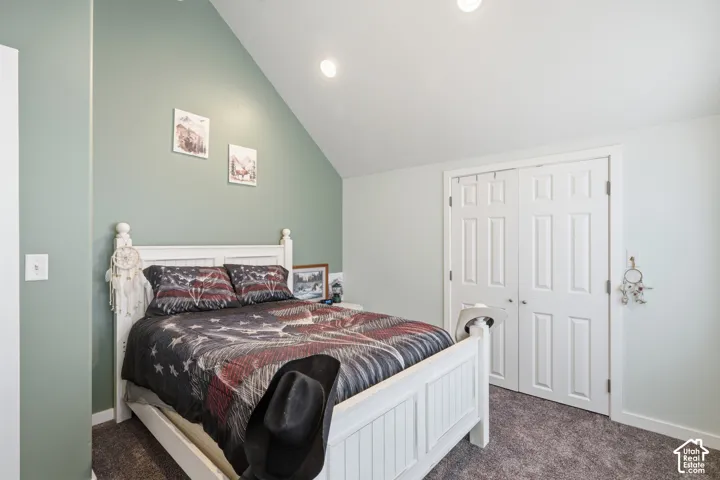 Vaulted ceiling, recessed lighting, neutral wall paint, paneled bifold closet doors, and gray carpet flooring