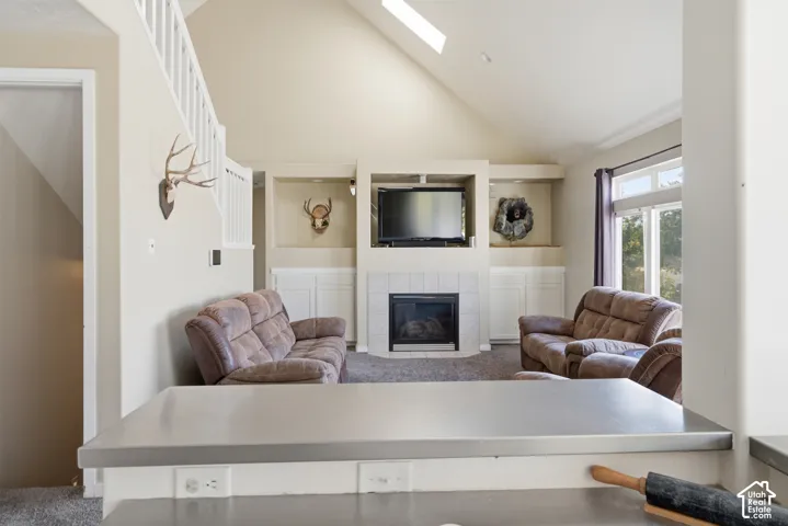 Vaulted ceiling with skylight, fireplace with tile surround, built-in shelving, white cabinetry, and large windows