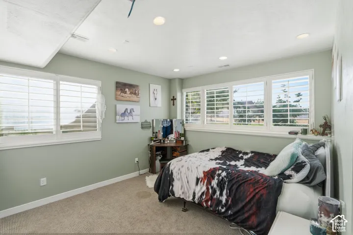 Recessed lighting illuminates the space, featuring multiple windows with louvered shutters and carpeted flooring