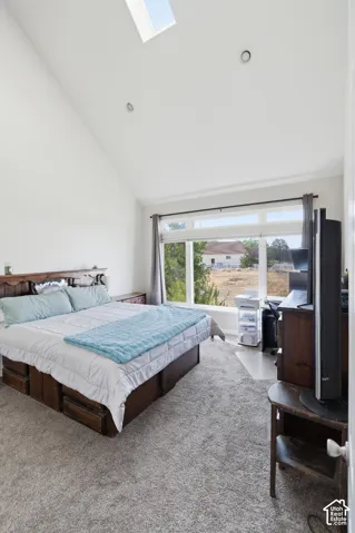Vaulted ceiling with skylight, recessed lighting, expansive window, and gray carpeting