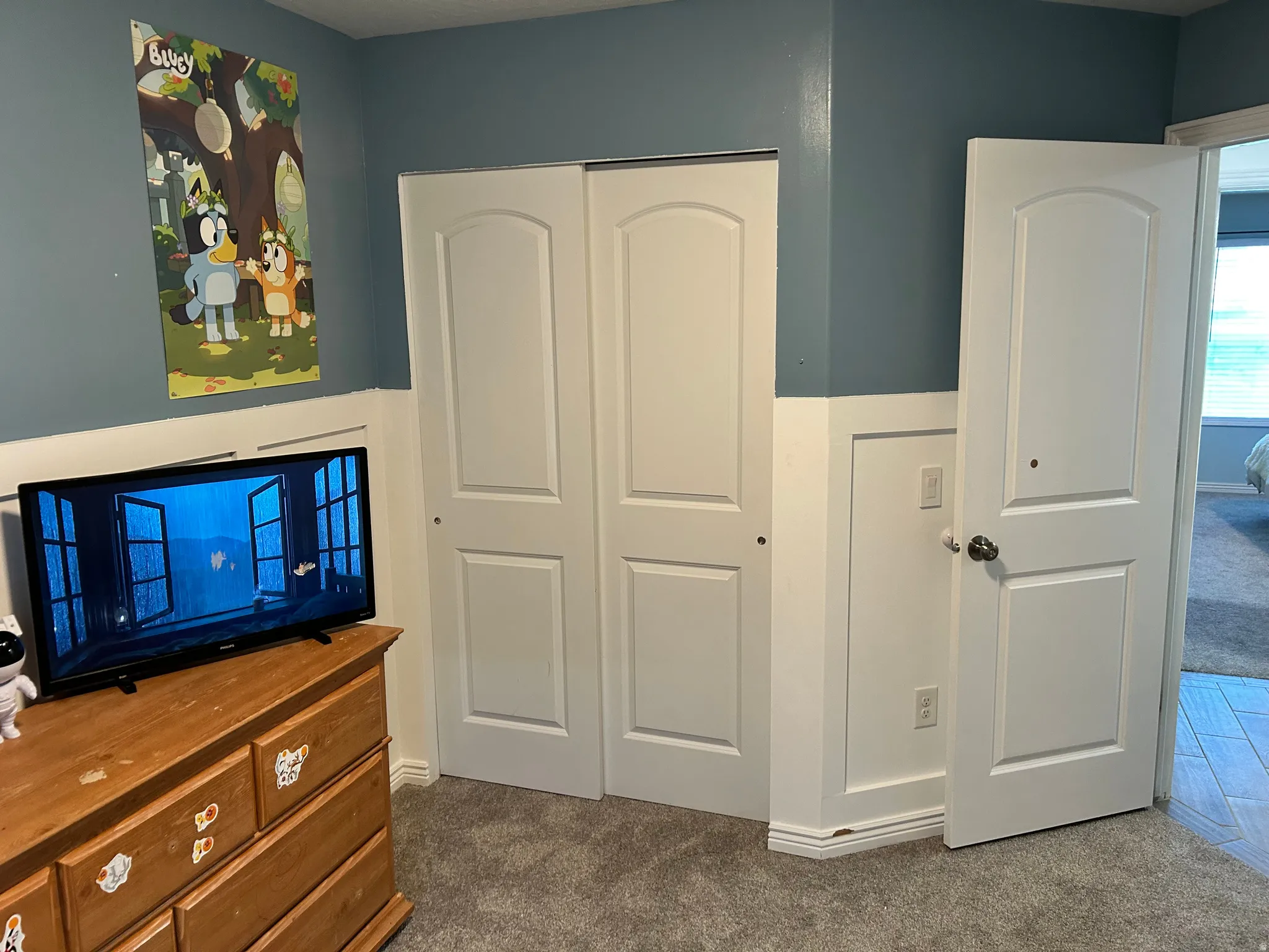 Gray carpeting, white paneled doors, and painted blue walls with white wainscoting