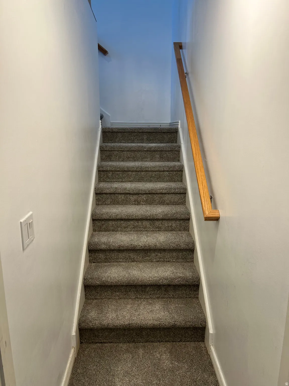 Carpeted staircase with light wood-finish handrail and light-toned walls