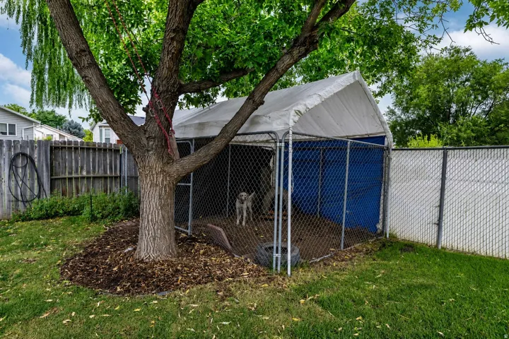 Chain link fence enclosure with a tarp roof and privacy screening