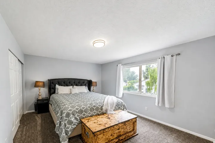 Soft gray painted walls with dark carpet flooring