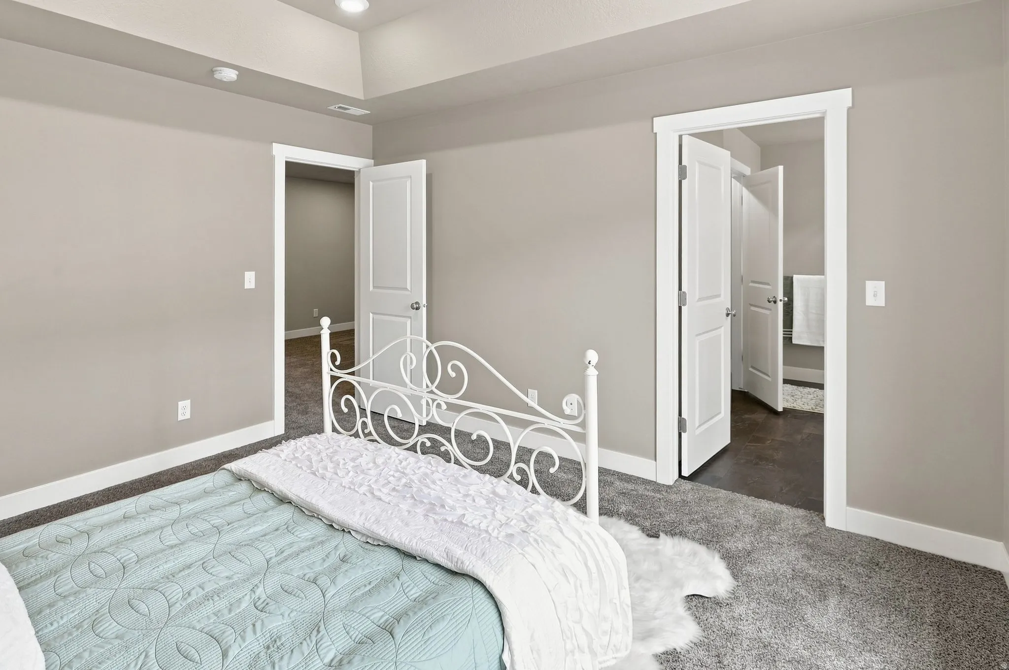 Recessed lighting, tray ceiling, neutral wall paint, white trim, and gray carpet