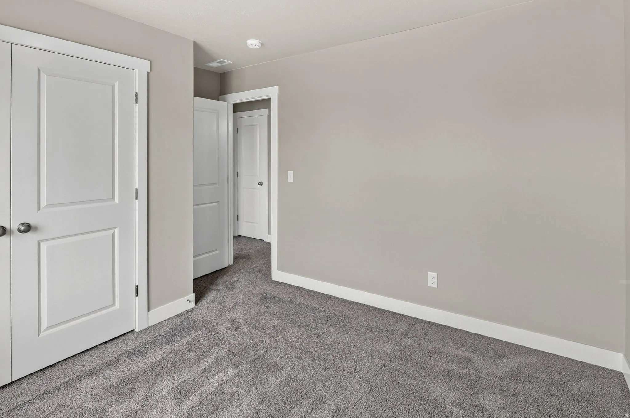 Grey carpet flooring, light neutral-toned walls, and white trim throughout