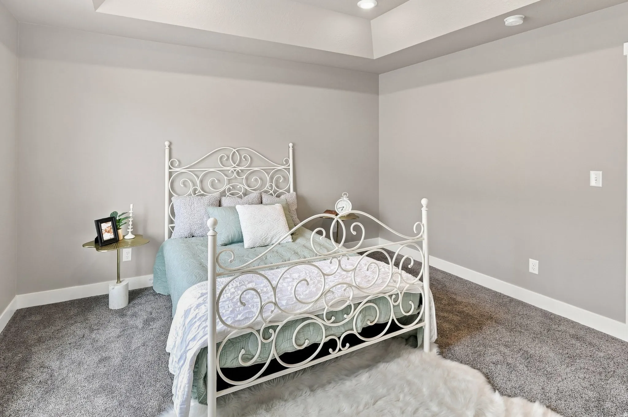Recessed lighting illuminates the tray ceiling, complementing the neutral wall color and grey carpet